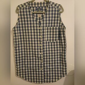 VTG At Last Women's Blue and White Sleeveless Shirt Sz L